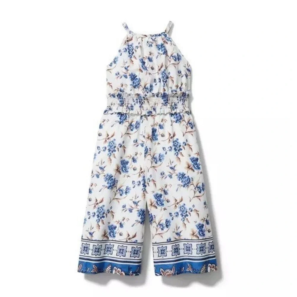 Janie and Jack Floral Jumpsuit 12-18 Months Blue Ruffles Cute Summer Beach Vacay